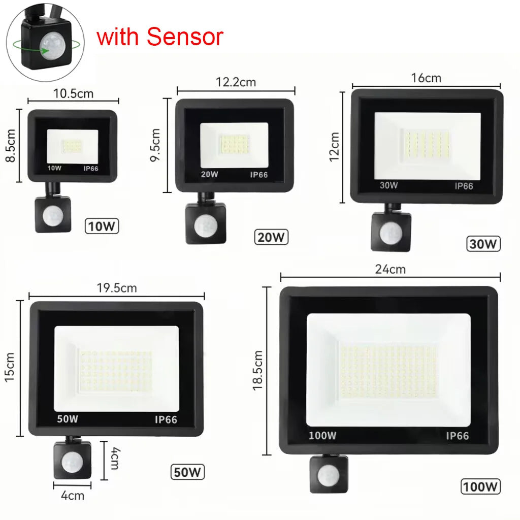 Holofote Led Com Sensor De Movimento Pir, Holofote Led Para Ambientes Externos, 10W 20W 30W 50W 100W Ip66, À Prova D'Água, Iluminação De Jardim Ao Ar Livre, Luz De Rua
