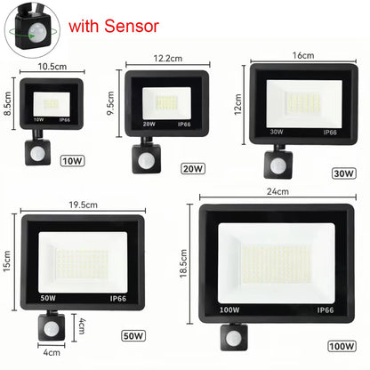 Holofote Led Com Sensor De Movimento Pir, Holofote Led Para Ambientes Externos, 10W 20W 30W 50W 100W Ip66, À Prova D'Água, Iluminação De Jardim Ao Ar Livre, Luz De Rua
