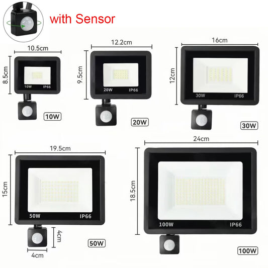 Holofote Led Com Sensor De Movimento Pir, Holofote Led Para Ambientes Externos, 10W 20W 30W 50W 100W Ip66, À Prova D'Água, Iluminação De Jardim Ao Ar Livre, Luz De Rua