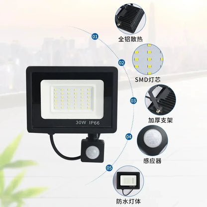 Holofote Led Com Sensor De Movimento Pir, Holofote Led Para Ambientes Externos, 10W 20W 30W 50W 100W Ip66, À Prova D'Água, Iluminação De Jardim Ao Ar Livre, Luz De Rua